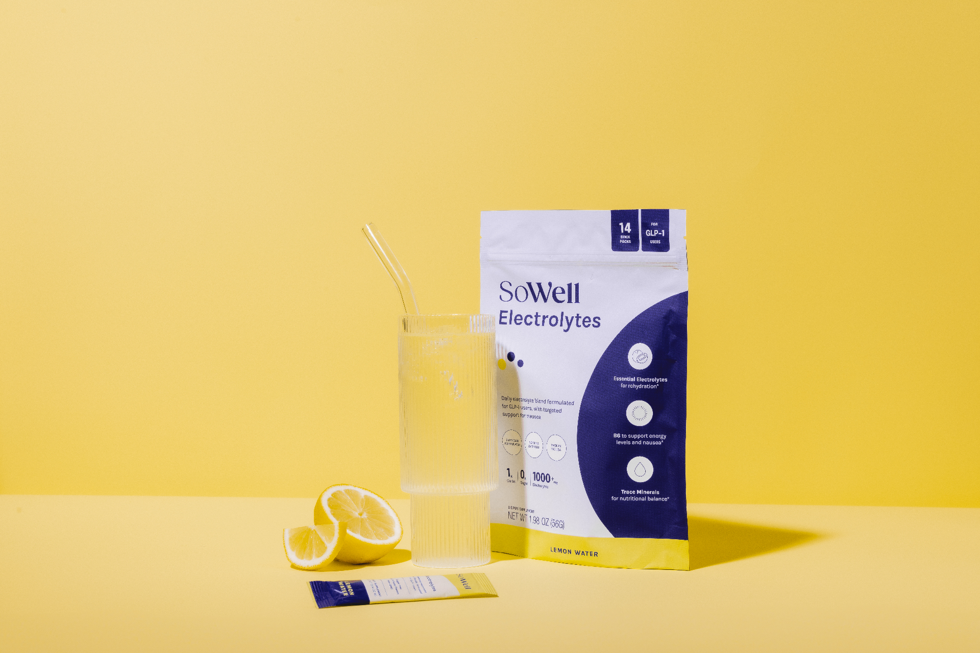 SoWell Electrolytes lemon water glass with stick pack